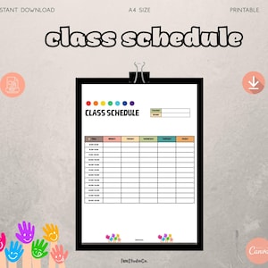 Puede incluir: Una plantilla de horario de clases imprimible con las palabras "class schedule" en negrita, en negro. El horario incluye franjas horarias y días de la semana, sujeto por una carpeta negra. El fondo es de color beige claro con acentos naranjas y rosas.