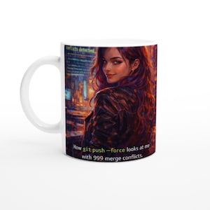 May include: White ceramic mug with a digital art portrait of a woman with red hair. The mug has the text "conflicts detected" and "How git push --force looks at me with 999 merge conflicts."