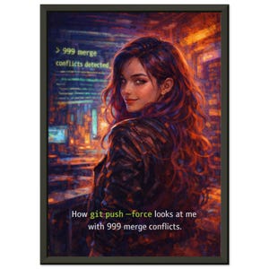 May include: A framed art print depicting a woman with red hair, looking over her shoulder. The image includes text: '> 999 merge conflicts detected' and 'How git push --force looks at me with 999 merge conflicts.' The background shows a cityscape.