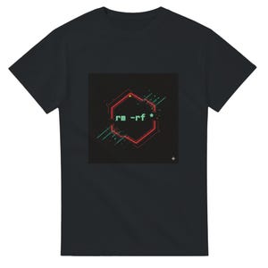 Peut inclure: T-shirt noir avec un motif graphique. Le motif présente le texte "rm -rf" à l'intérieur d'une forme géométrique rouge et verte. Le t-shirt est fait d'une matière douce.