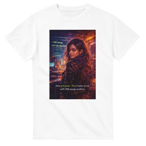 May include: White t-shirt featuring a vibrant graphic of a woman with long hair, looking over her shoulder. The graphic includes the text: "How git push -force looks at me with 999 merge conflicts."
