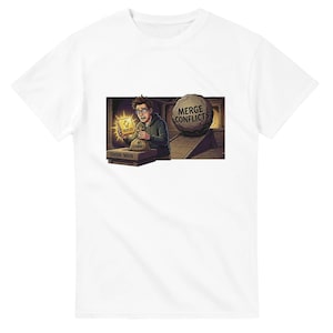 May include: White t-shirt with a cartoon graphic. It depicts a person in a hoodie holding a glowing "Deploy" button, with a stone labelled "Merge Conflicts" rolling towards them. The text "Origin/Main" is at the bottom.