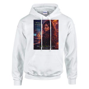May include: White hoodie with a graphic print. The graphic shows a woman with red hair and text that reads "How git push --force looks at me with 999 merge conflicts."