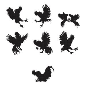 May include: A collection of seven black silhouettes of roosters in various dynamic poses, including jumping, flapping wings, and facing each other. The designs feature detailed feather outlines and sharp claw shapes, presented as individual graphic icons.