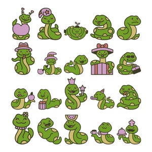 May include: A collection of green cartoon snakes with various accessories and expressions. Some snakes wear hats, crowns, or sunglasses, while others hold objects like a heart, gift, or teacup. The snakes have yellow accents and are set against a white background.