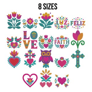May include: A selection of colourful embroidered designs, including flowers, hearts, an owl, and the word "LOVE". The designs feature vibrant colours like pink, teal, yellow, and orange. The text "8 SIZES" is at the top.