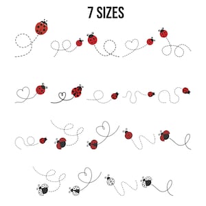 May include: A white background displays seven rows of ladybug designs. Each ladybug is red with black spots and a black head. The ladybugs follow dotted lines in various patterns, including loops and hearts. The text "7 SIZES" is at the top.