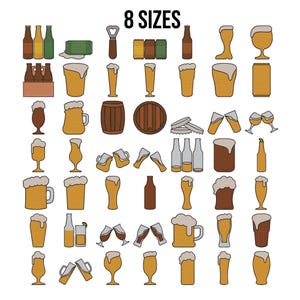 May include: An illustration featuring various beer-related items. The image includes beer bottles, glasses, mugs, a barrel, and a bottle opener. The text "8 SIZES" is displayed at the top. The items are outlined in black with yellow, brown, and white fill colors.