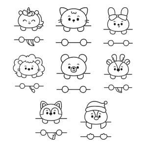 Peut inclure: Une collection d'illustrations en noir et blanc au trait représentant huit têtes d'animaux de dessin animé différentes dépassant au-dessus de lignes horizontales. L'ensemble comprend une licorne, un chat, un lapin, un lion, un ours, un cerf, un renard.