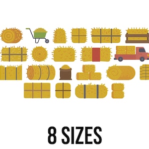 Puede incluir: Ilustración de balas de heno en varias formas: redondas, rectangulares y cuadradas. También se muestra una carretilla verde y un camión rojo cargado de heno. El texto "8 SIZES" aparece debajo.