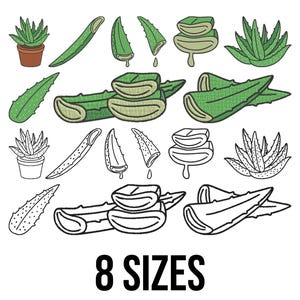 May include: A collection of aloe vera illustrations in various forms, including whole plants in pots, sliced leaves, and gel droplets. The image features both colored and line art versions of the aloe vera plants. Text at the bottom reads "8 SIZES".