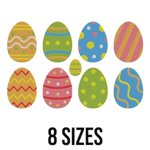 May include: A collection of eight colorful Easter egg designs with various patterns, including stripes, polka dots, and zigzags. The eggs are in shades of yellow, green, pink, and blue. The text "8 SIZES" is displayed in black at the bottom.