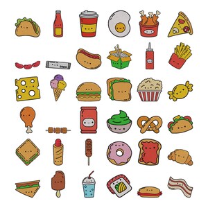 May include: A collection of colourful, cartoon-style food icons featuring various items like tacos, burgers, pizza, sushi, doughnuts, and drinks. Each individual food item displays a simple, smiling face with small eyes and a mouth, rendered in a flat design.