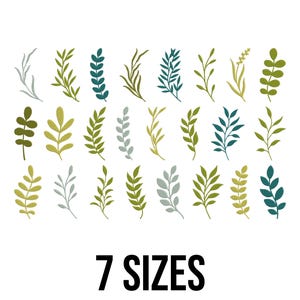 Op de afbeelding: Een verzameling gestileerde botanische illustraties in verschillende tinten groen, blauw en grijs, gerangschikt op een witte achtergrond. De tekst "7 SIZES" wordt in vette, zwarte letters onderaan de afbeelding weergegeven. De illustraties tonen verschillende bladeren en takken.