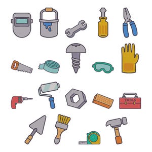 Puede incluir: Una colección de herramientas ilustradas y coloridas, que incluyen una máscara de soldadura, un cubo de pintura, una llave inglesa, un destornillador, unos alicates, una sierra, cinta adhesiva, un tornillo, gafas protectoras, un guante, un taladro, un rodillo de pintura, una tuerca, una esponja, una caja de herramientas, una llana, un pincel, una cinta métrica y un martillo.