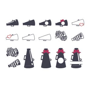 May include: A collection of fifteen digital illustrations featuring cheerleading megaphones in various styles. Some designs are solid dark gray, others are outlined, and some include red bows, heart accents, or pom-poms with the word CHEER written in script.