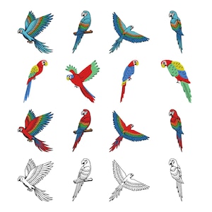 May include: A collection of sixteen parrot illustrations arranged in a four-by-four grid. The parrots are depicted in various poses, including flying with wings spread and perched. The designs feature vibrant red, blue, green, and yellow colors.