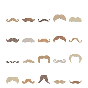 May include: A collection of various mustache designs in shades of brown, tan, and gray. The mustaches are made of a textured material and are arranged on a white background. The styles range from thin to full, with different curl patterns.