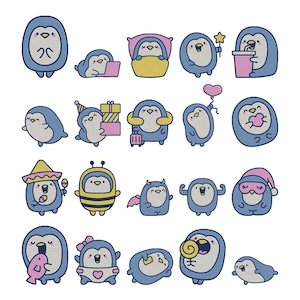 May include: A collection of cartoon penguins in various poses and costumes. The penguins are primarily blue and white, with some wearing hats, holding objects, or expressing different emotions. The image has a playful and whimsical style.