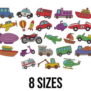 May include: A collection of colorful, cartoon-style vehicles including cars, trucks, boats, planes, and a helicopter. The image features a variety of transportation options in bright colors. The text "8 SIZES" is displayed at the bottom.
