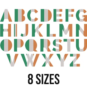 May include: A full alphabet, A to Z, is displayed, each letter designed with the colors of the Irish flag: green, white, and orange. The text "8 SIZES" is printed in black below the alphabet.