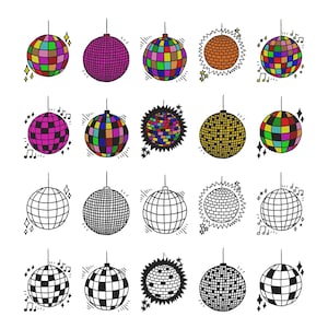 May include: A collection of hand-drawn disco ball illustrations. The disco balls vary in color, pattern, and style, including solid colors, mosaic patterns, and black and white designs. Some are accompanied by musical notes and starbursts.