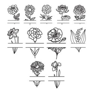 以下が含まれることがあります： 様々な花の白黒線画イラスト11点のコレクション。各花の下にはパーソナライズ用の水平な分割線デザインが施されています。セットにはバラ、デイジー、ポピー、その他の植物のモチーフが含まれています。