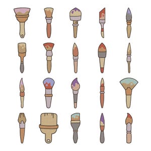 May include: A selection of paintbrushes in diverse forms and dimensions. The brushes display a spectrum of colours, including beige, brown, red, purple, and blue. Each brush has a handle and bristles, with some having a flat or angled design.