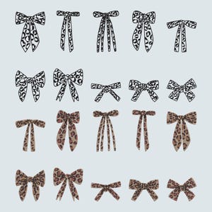 Pode incluir: Uma coleção de vinte laços ilustrados dispostos em quatro linhas. As duas linhas superiores apresentam laços com estampa de leopardo em preto e branco de várias formas. As duas linhas inferiores mostram laços com estampa de leopardo marrom.