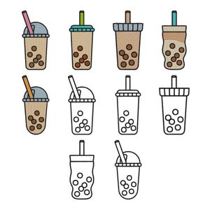 Pode incluir: Uma coleção de dez ilustrações de chá de bolhas dispostas em três linhas. O conjunto inclui cinco designs coloridos com copos bege texturizados e pérolas de tapioca castanhas, e cinco versões em preto e branco com linhas simples.