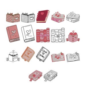 May include: A collection of digital illustrations featuring books and hearts in various styles, including colored and black-and-white line art versions. The designs include open books with floating hearts, stacked books tied with bows, and books with the text Love Story.