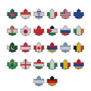 Puede incluir: Una colección de diseños de hojas de arce, cada uno con un patrón de bandera. Las banderas incluyen España, Canadá y otros países. Las hojas son rojas, verdes, azules y amarillas, con detalles blancos. Las hojas están sobre un fondo blanco.