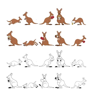 May include: A collection of cartoon kangaroos in various poses. Some kangaroos are brown, while others are outlined in black. The kangaroos are depicted with boxing gloves, holding food, and in motion, creating a playful and dynamic illustration.