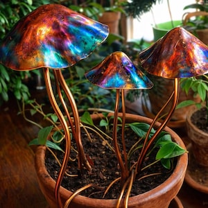 Puede incluir: Tres esculturas decorativas de hongos de cobre en una maceta de terracota. Los sombreros de los hongos tienen un acabado iridiscente vibrante con tonos de azul, naranja y verde. Los tallos son de color cobre cálido y la maceta está sobre una superficie de madera.