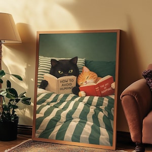 Funny Cat Wall Art Printable, Reading Cats Poster, Cute Cat Humor Artwork, Cozy Bedroom Decor, Digital Download