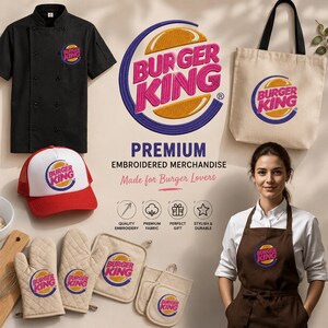 May include: A collection of Burger King branded merchandise including a black chef coat, a red and white trucker hat, a beige tote bag, a brown apron, and beige quilted oven mitts and pot holders, all featuring the Burger King logo and text.
