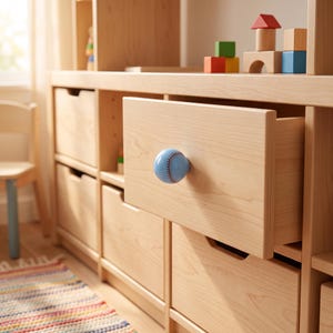 May include: A light-colored wooden storage unit featuring multiple drawers, with one drawer pulled open. The drawer pull is a round, light blue knob designed to resemble a baseball, complete with red stitching details across its surface.