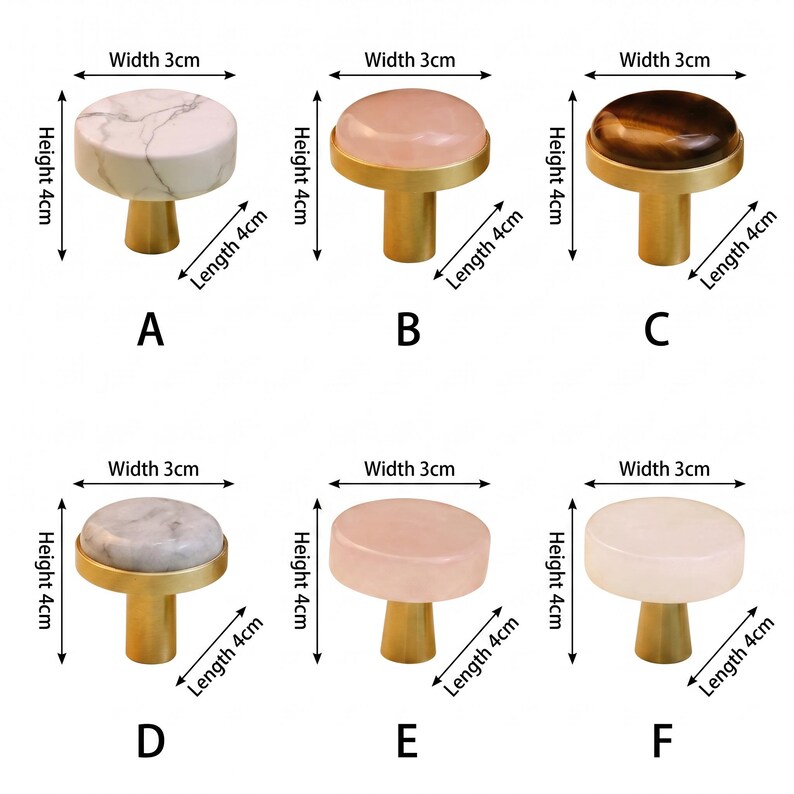 Puede incluir: Seis pomos redondos para armarios etiquetados de la A a la F, cada uno de 3 cm de ancho, 4 cm de alto y 4 cm de largo. Los pomos tienen tapas de aspecto p&eacute;treo en blanco, rosa, marr&oacute;n y gris, sobre bases de metal de tono dorado.