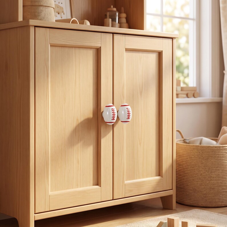 May include: A light-colored wooden cabinet featuring two doors with white and red baseball-shaped knobs. The cabinet has a smooth, natural wood grain finish and a rectangular frame design on each door, providing a clean and functional storage unit.