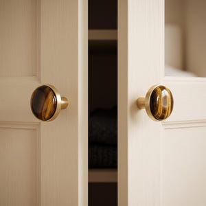 Puede incluir: Dos pomos de armario redondos con incrustaciones de piedra ojo de tigre pulida engastadas en marcos de metal dorado cepillado. Cada pomo est&aacute; montado en una puerta de armario de madera color crema claro, mostrando el patr&oacute;n natural de rayas.