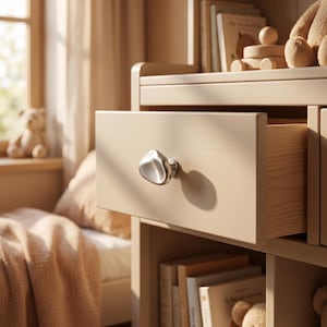 K&ouml;nnte beinhalten: Eine Kommodenschublade aus hellem Holz mit einem einzelnen, unregelm&auml;&szlig;ig geformten, kieselsteinf&ouml;rmigen Metallknopf. Die Schublade ist leicht ge&ouml;ffnet und gibt den Blick auf die nat&uuml;rliche Holzmaserung an der Seitenwand frei, w&auml;hrend die Front glatt ist.