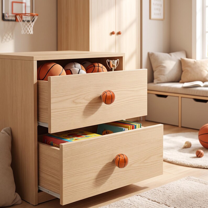 May include: A light wood two-drawer chest featuring round drawer knobs shaped like basketballs. The top drawer contains basketballs and a small trophy, while the bottom drawer holds books. The chest has a natural wood grain finish.