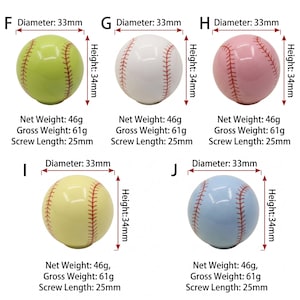 May include: Five spherical cabinet knobs shaped like baseballs in lime green, white, pink, yellow, and light blue. Each knob has a 33mm diameter, 34mm height, 46g net weight, 61g gross weight, and a 25mm screw length, labeled F through J.