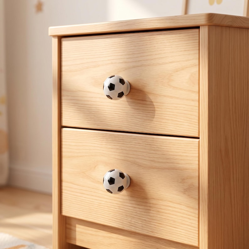 May include: A light-toned wooden nightstand featuring two drawers, each equipped with a round knob designed to resemble a black and white soccer ball. The wood grain is visible across the front panels and the frame of the furniture piece.