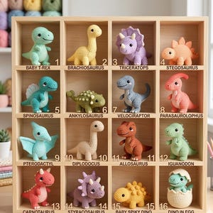May include: A wooden display case filled with sixteen colorful, crocheted dinosaur toys. Each dinosaur is a different species, including a T-Rex, Triceratops, and Stegosaurus. The toys are labeled with their names and numbers.