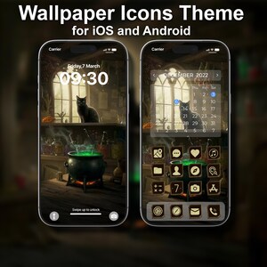 May include: Two smartphones displaying a witch-themed wallpaper and app icons. The left phone shows a black cat, a bubbling cauldron, and the time. The right phone features a calendar and custom app icons. The text at the top says "Wallpaper Icons Theme for iOS and Android."