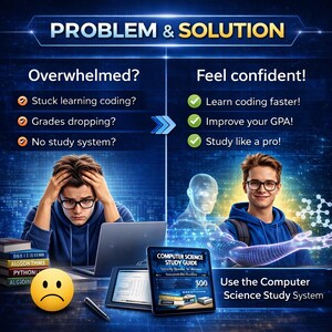 May include: An advertisement with the text "PROBLEM & SOLUTION" features two students, one looking stressed and the other confident. The image promotes a computer science study guide, with the text "Use the Computer Science Study System".