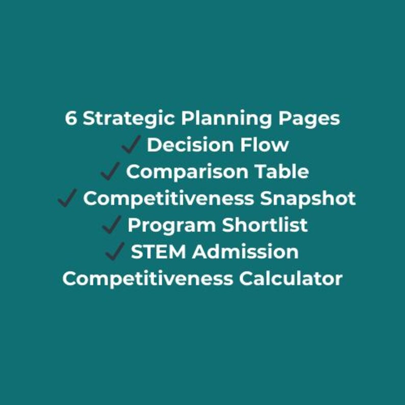 May include: A teal background with white text listing "6 Strategic Planning Pages" and several bullet points: "Decision Flow", "Comparison Table", "Competitiveness Snapshot", "Program Shortlist", "STEM Admission", and "Competitiveness Calculator".