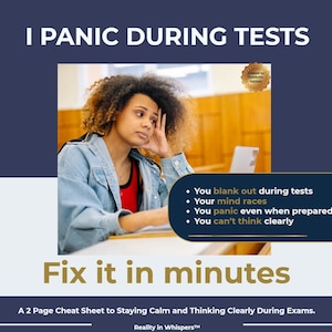 May include: Image with text: "I Panic During Tests." A young person with curly hair looks stressed, resting their head on their hand. Text on the image lists test-related anxieties. The text "Fix it in minutes" is also displayed.
