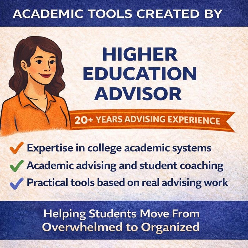 May include: An illustration promoting academic advising services. It features a cartoon of a woman in an orange shirt, the text "HIGHER EDUCATION ADVISOR," and bullet points highlighting expertise, advising, and practical tools. The tagline reads, "Helping Students Move From Overwhelmed to Organized."